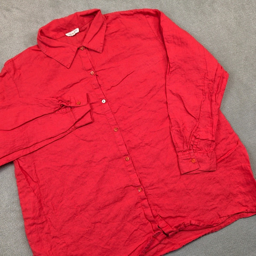 Eileen Fisher Woman 1X Red Irish Linen Button Down Shirt Long Sleeve Relaxed Fit